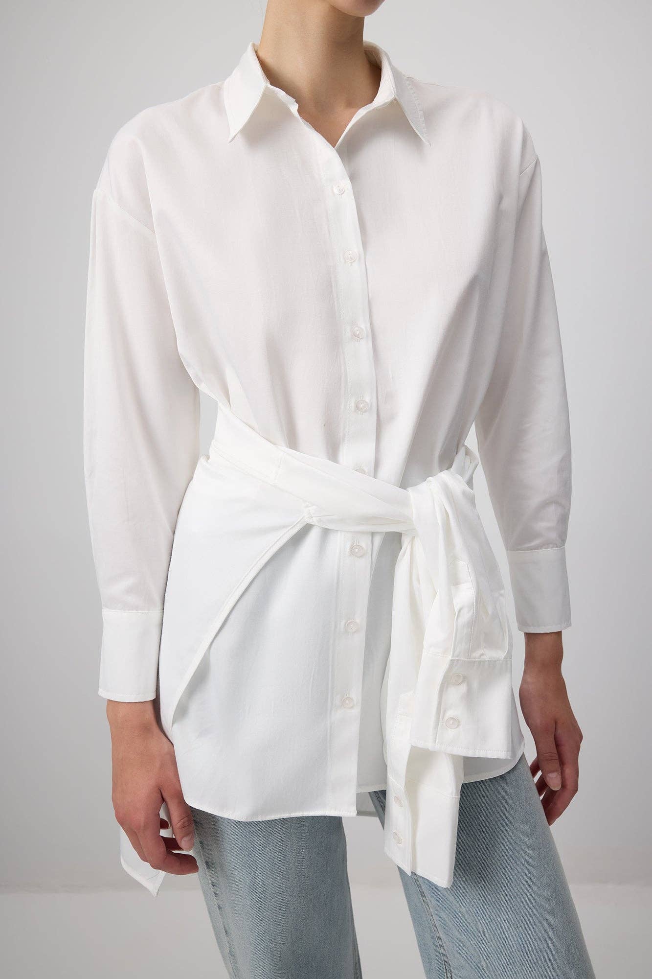 FUNCTIONAL TIE SHIRT - Cotton Blend: Ecru / XL
