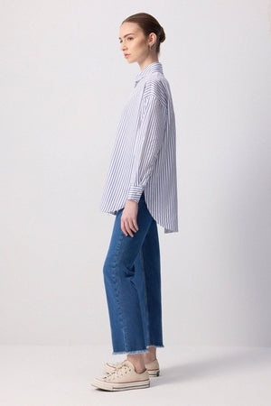 CLASSIC STRIPED OVERSIZED SHIRT - COTTON BLEND: Navy Blue / M