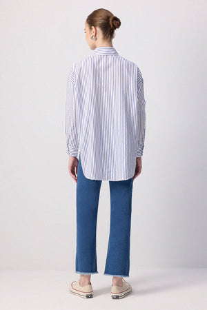 CLASSIC STRIPED OVERSIZED SHIRT - COTTON BLEND: Navy Blue / M