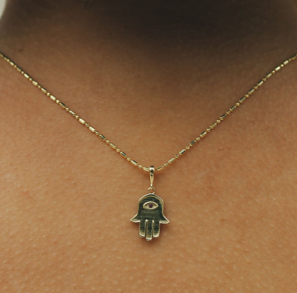 14k Yellow Gold Hamsa Pendant Only with Natural Stone - Iris 1956