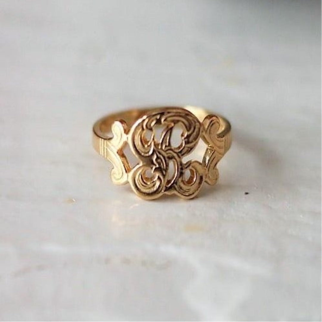 Monogram Carved Vintage Style Initial Ring